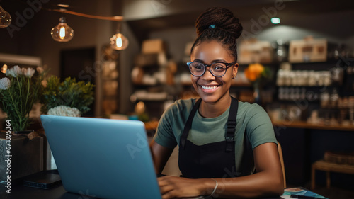 a black, female entrepreneur happily working on her business