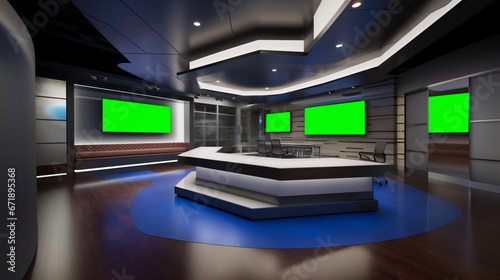 newsroom with green screen television screens and news desk