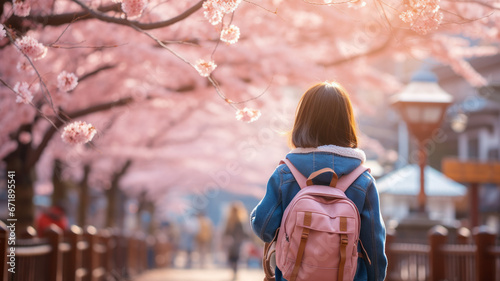 Young student under cherry blossoms, vibrant spring.