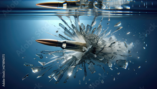 3D Rendered Bullet Impact: Direct View of Bullet Hitting Glass with Shattered Fragments and Water Ripple Effects on Deep Blue Gradient Background