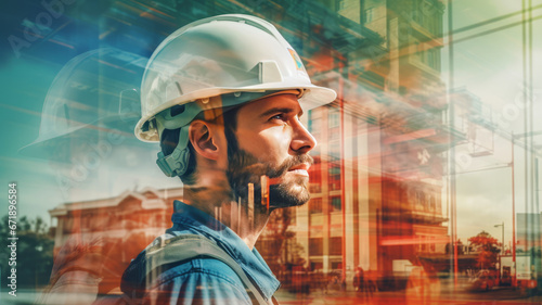 double exposure of man engineer in uniform and the construction building, beautiful city