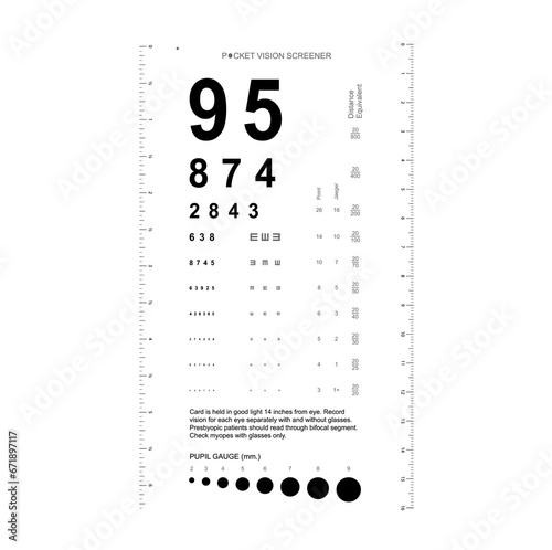 Rosenbaum Pocket Vision Screener Eye Test Chart medical illustration with numbers. Line vector sketch style outline isolated on white background. Vision board optometrist ophthalmic for examination