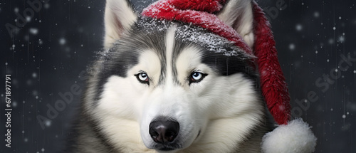 husky with santa claus hat in snow