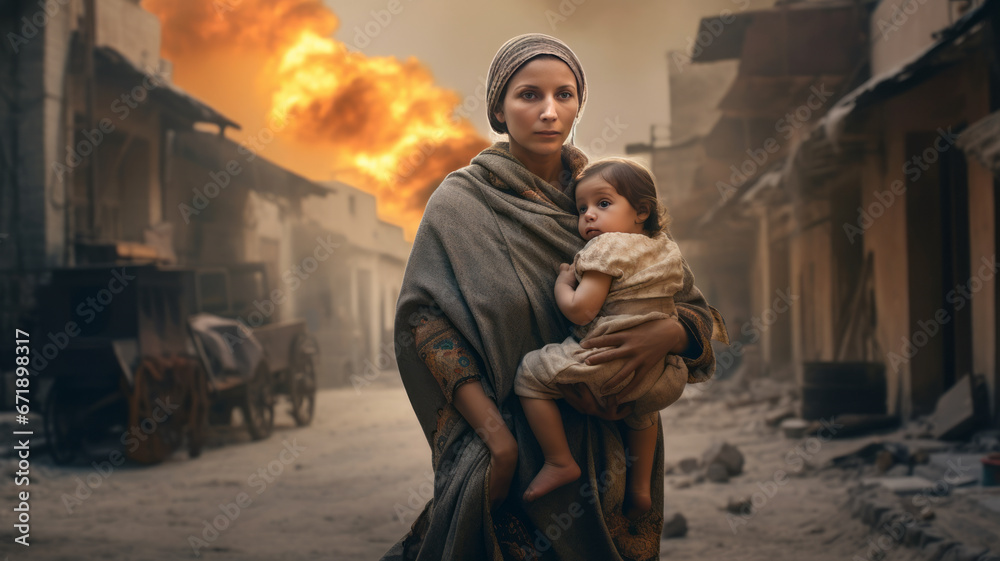 woman with baby fleeing bombs.