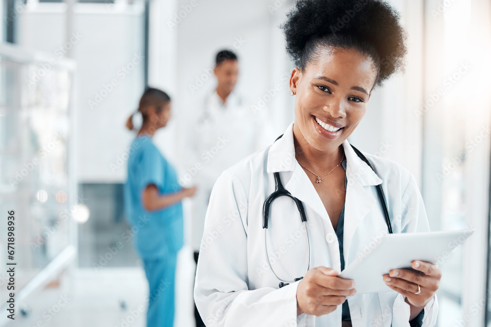 Research, portrait and black woman with tablet for healthcare, medicine and consultation email. Schedule, communication and African doctor with technology for service, telehealth and nursing - obrazy, fototapety, plakaty 