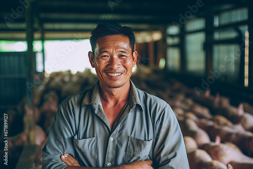 A smiling asian male pig farmer stands with his arms folded in the poultry shed