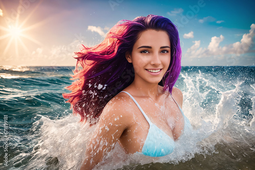 A young beautiful smiling girl in a white swimsuit with purple hair is standing on the beach among the sea waves up to her chest in the water. The wind blows the hairstyle. Generative AI © Aleksei Solovev