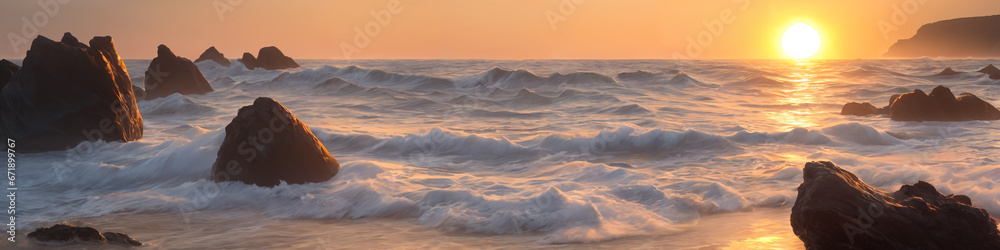 Naklejka premium Panorama of a sunset over the ocean with waves crashing on the shore and big rocks in the foreground in the water. Seascape illustration with sand beach, cloudy sky and setting sun. Generative AI