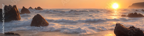 Panorama of a sunset over the ocean with waves crashing on the shore and big rocks in the foreground in the water. Seascape illustration with sand beach, cloudy sky and setting sun. Generative AI
