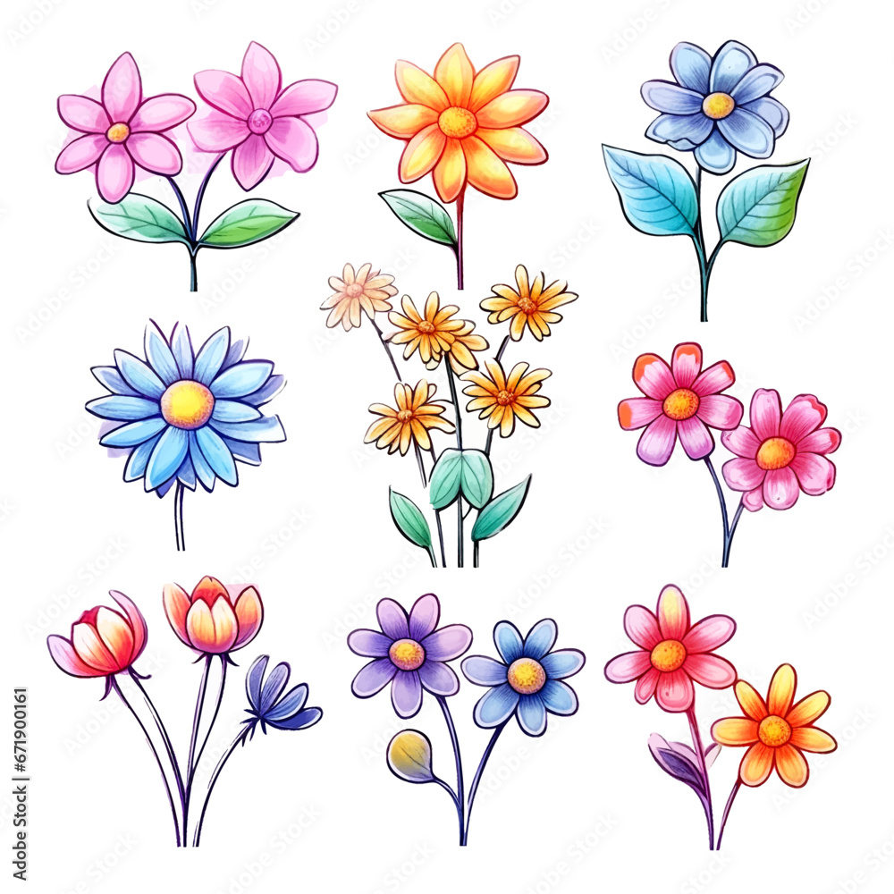 set of cartoon cute flowers sticker watercolor set of cartoon cute flowers sticker watercolor