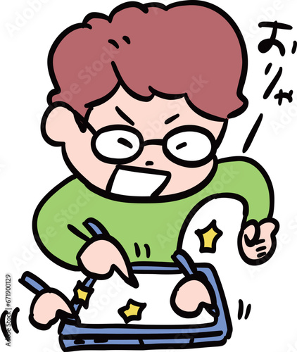 タブレットのタッチペンをすごい勢いで操作する子供