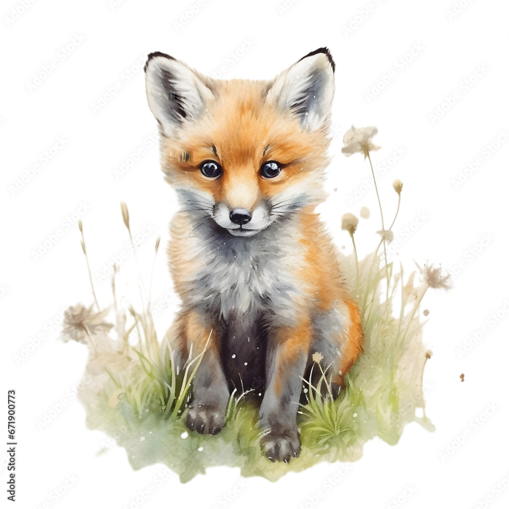 Obraz premium Watercolor painting of cute fox cub art