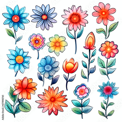 set of cartoon cute flowers sticker watercolor