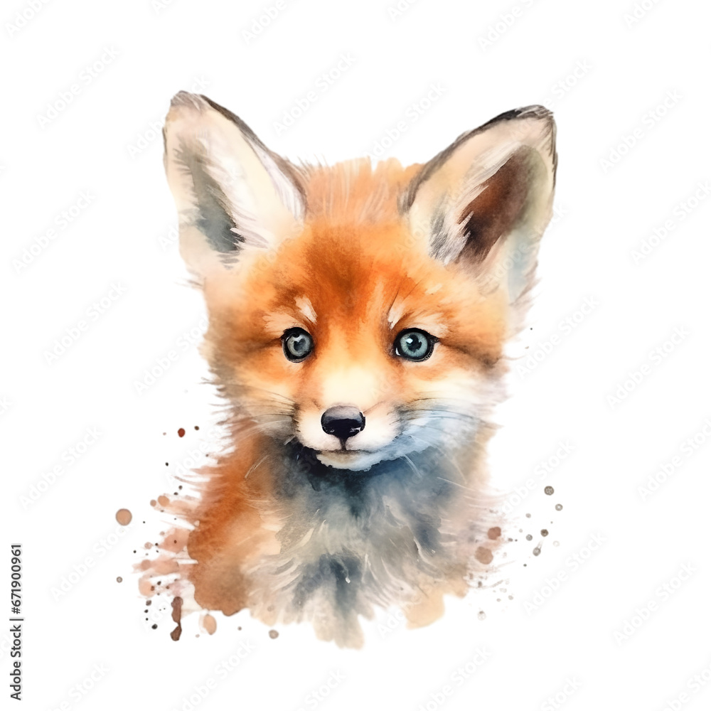 Watercolor painting of cute fox cub art