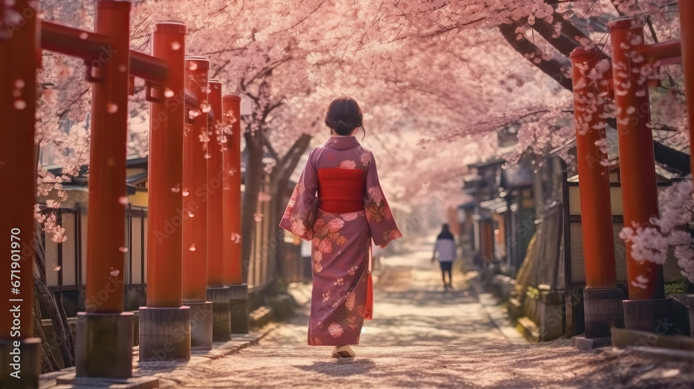 asian woman in a Japanese kimono walks under a cherry blossom tree,generative ai