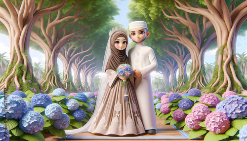 3D cartoon of a Middle Eastern bride with traditional Islamic attire and a groom, both of Arab descent, standing together under tall, sprawling trees