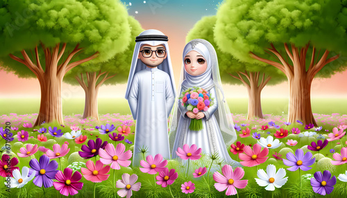 3Dcartoon illustration of an Arab bride with traditional Islamic attire and an Arab groom wearing a thobe, both standing under tall, lush trees. photo