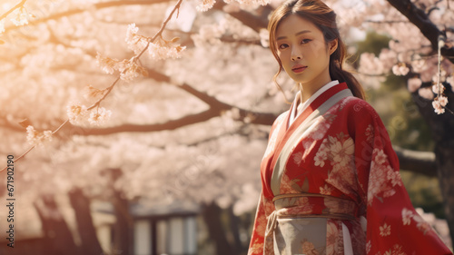 asian woman in a Japanese kimono walks under a cherry blossom tree