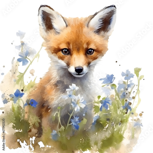 Watercolor painting of cute fox cub with flower art