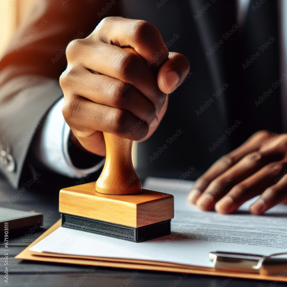 Businessman using rubber stamping on paper with correct sign mark ...
