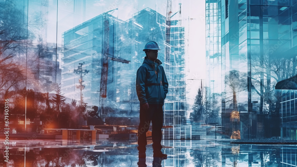 double exposure of man engineer in uniform and the construction building, beautiful city generative ai - obrazy, fototapety, plakaty 