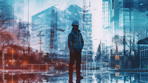 double exposure of man engineer in uniform and the construction building, beautiful city generative ai photo