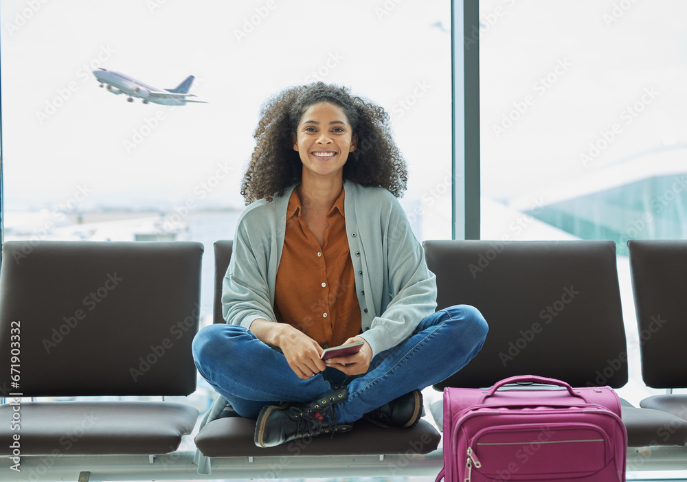 Airport, black woman and portrait of a young person at flight terminal waiting for airplane travel. Passport document, smile and sitting solo female traveler feeling happy with freedom from adventure - obrazy, fototapety, plakaty 