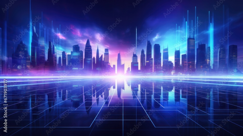 Naklejka premium cityscape with space and neon light effect. Modern hi-tech, science, futuristic technology concept. Abstract digital high tech city design for banner background