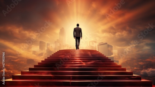 Ambitious businessman climbing the stairs to success. concept of career path success, future planning and business competitions. --ar 16:9