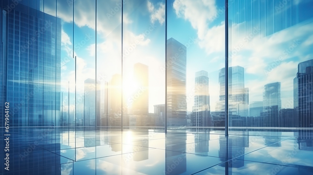 Modern office building or business center. High-rise window buildings made of glass reflect the clouds and the sunlight. empty street outside wall modernity civilization. growing up business Modern office building or business center. High-rise window buildings made of glass reflect the clouds and the sunlight. empty street outside wall modernity civilization. growing up business