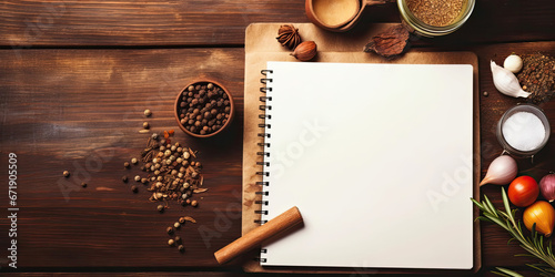 Blank cookbook and spices on wooden table photo