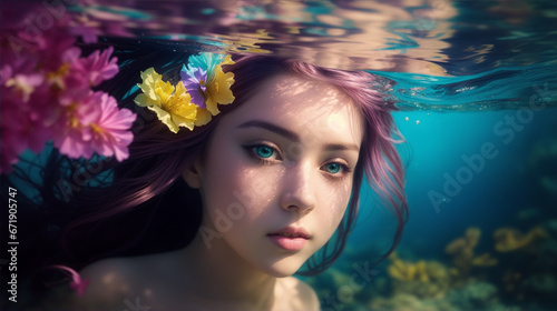 Portrait of a beautiful mermaid swimming underwater