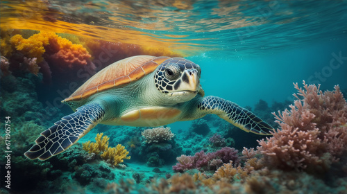 Green sea turtle swimming underwater on a coral reef © Wondreamer