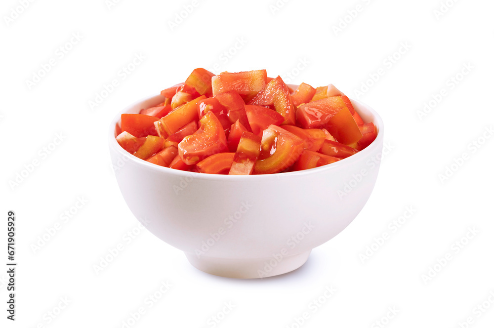 White bowl of slices tomatoes
isolated on white background. White bowl of slices tomatoes
isolated on white background.