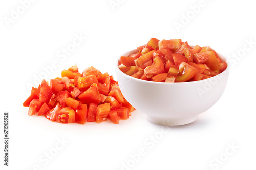 Tablou pe pânză White bowl of diced tomato  on white background