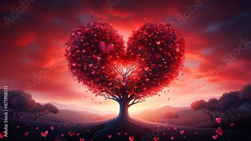 Red heart shaped tree. AI Generative.