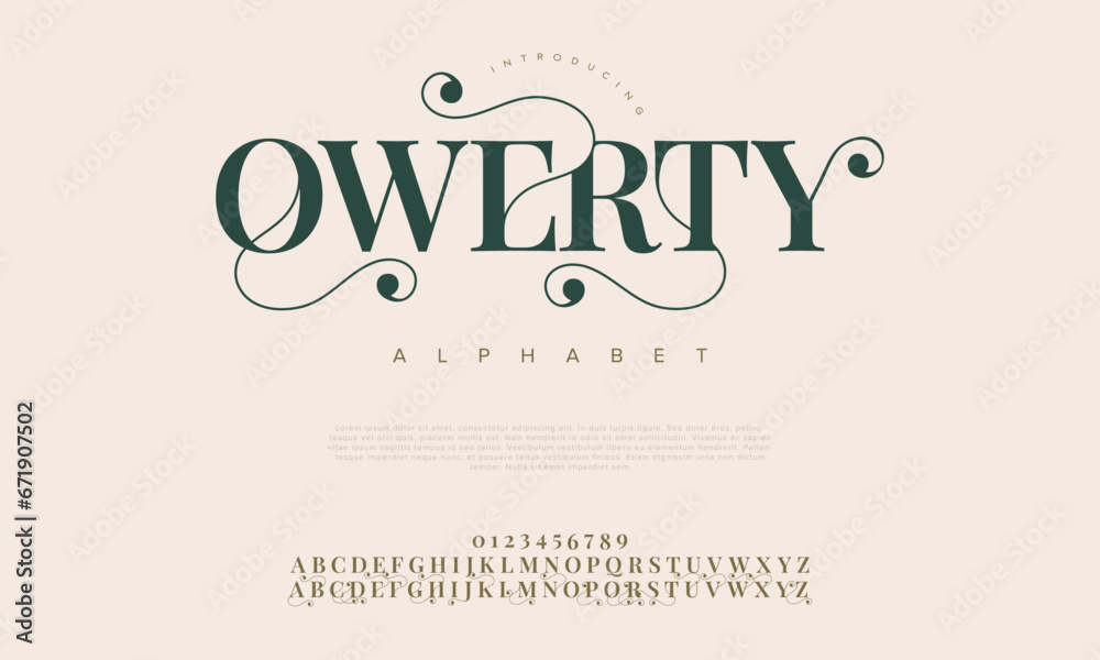 Qwerty premium luxury elegant alphabet letters and numbers. Elegant wedding typography classic serif font decorative vintage retro. Creative vector illustration