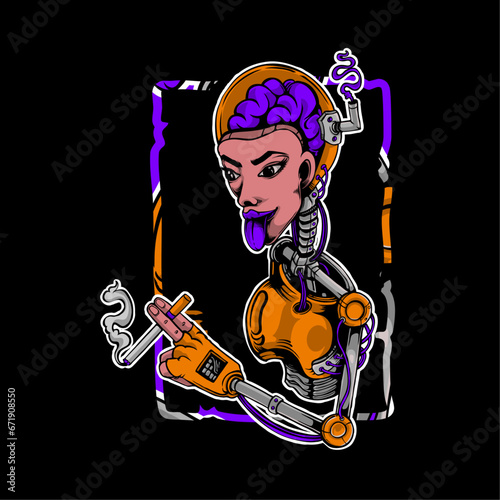 woman robot smoking with transparent head 