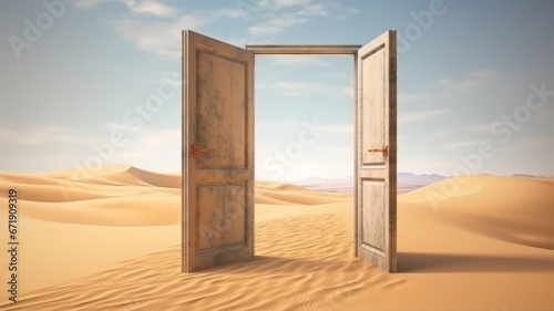 A door opened on desert. Start up concept generative ai
