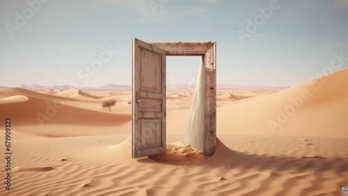 A door opened on desert. Start up concept generative ai