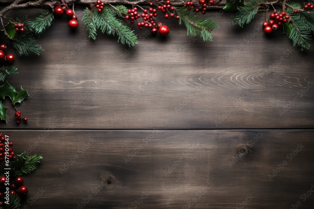 Christmas background with fir tree and decoration on a wooden board. free space Christmas background with fir tree and decoration on a wooden board. free space