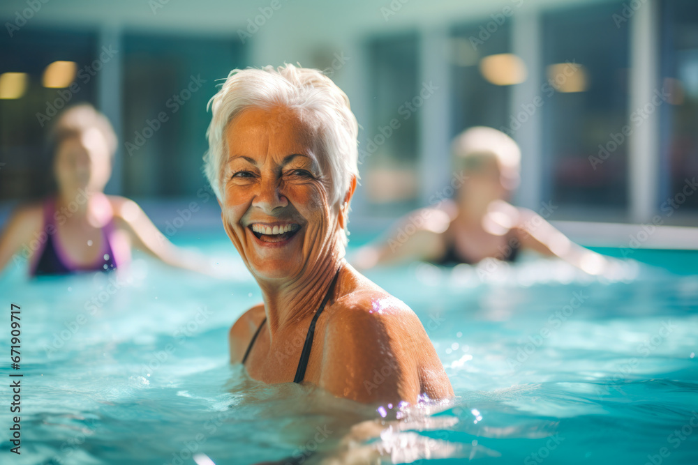 Active senior women enjoying in a pool. Aqua fit class, water aerobics