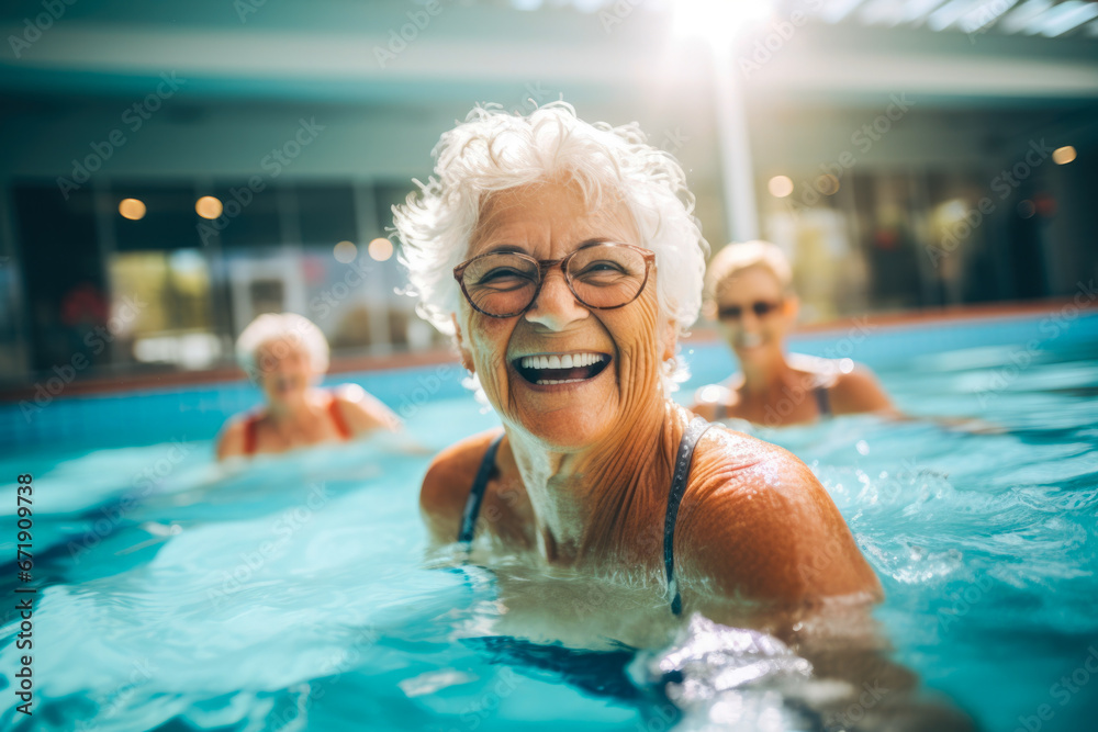 Active senior women enjoying in a pool. Aqua fit class, water aerobics Active senior women enjoying in a pool. Aqua fit class, water aerobics