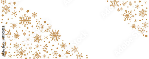 Gold Snow flakes decoration pattern. Winter illustration. Snow flakes, leaves and ornaments decoration background for winter holiday and Christmas. Vector illustration.