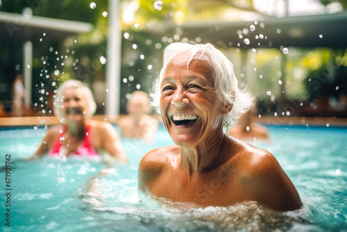 Active senior women enjoying in a pool. Aqua fit class  water aerobics