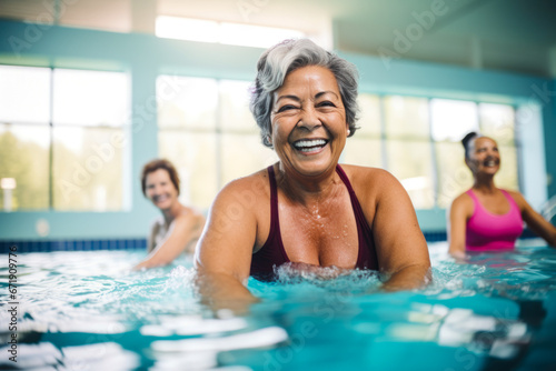 Active senior women enjoying in a pool. Aqua fit class, water aerobics © MVProductions
