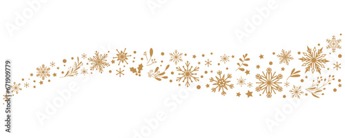 Gold Snow flakes decoration pattern. Winter illustration. Snow flakes, leaves and ornaments decoration background for winter holiday and Christmas. Vector illustration. photo
