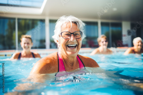 Active senior women enjoying in a pool. Aqua fit class, water aerobics © MVProductions