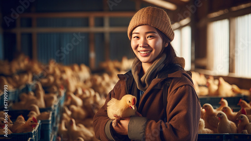A smiling asian female chicken farmer stands with his arms folded in the poultry shed photo