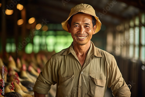 A smiling asian male chicken farmer stands with his arms folded in the poultry shed,generative ai © LomaPari2021